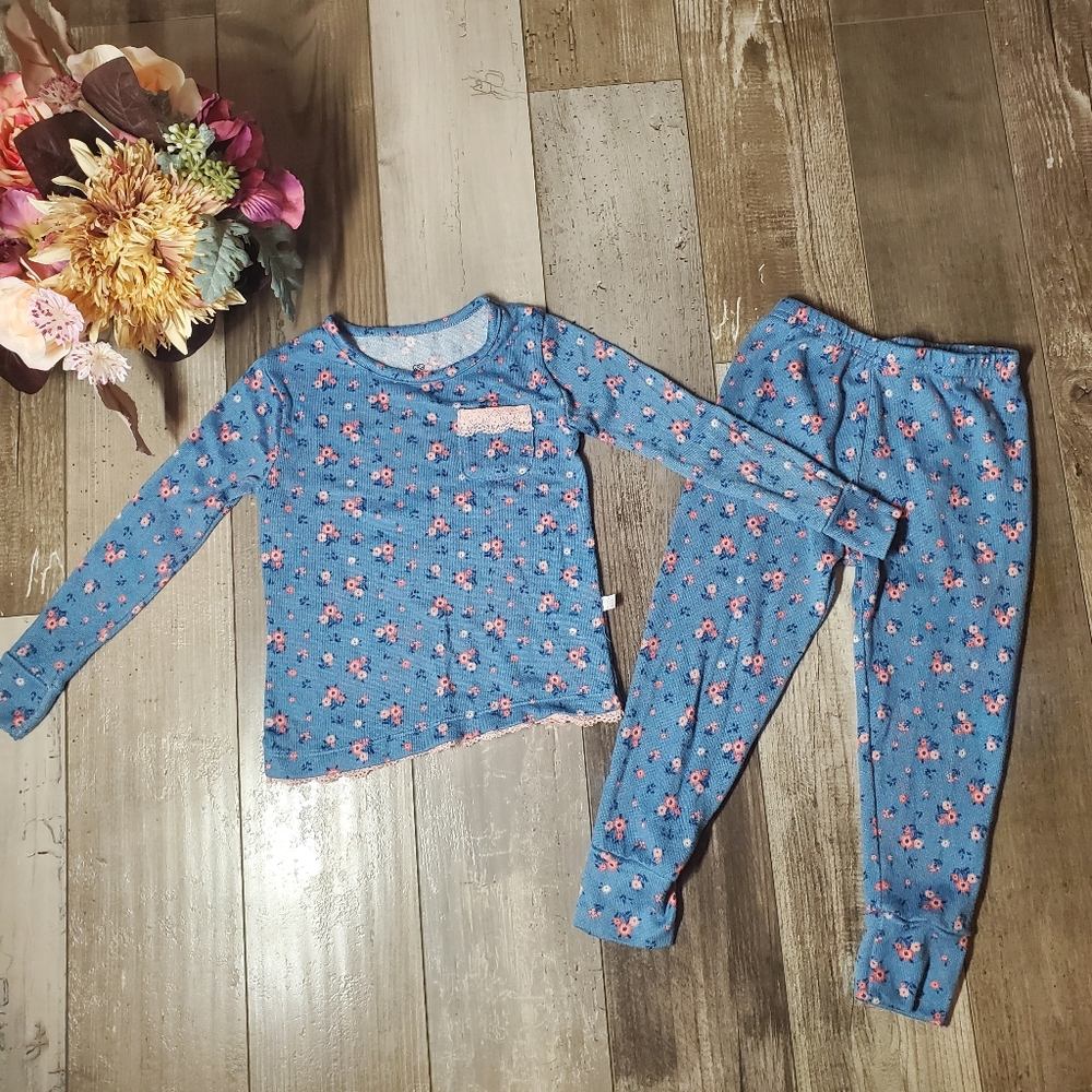 Daisy Fuentes Blue & Pink Floral Matching Pajama PJ Set Toddler Girl Size 3T EUC
